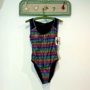 Spree Girl Swim Black Mesh Rainbow holographic rave one piece swimsuit medium